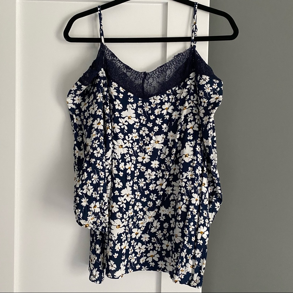 SHEIN Lace Panel Floral Print Bardot Blouse Blue